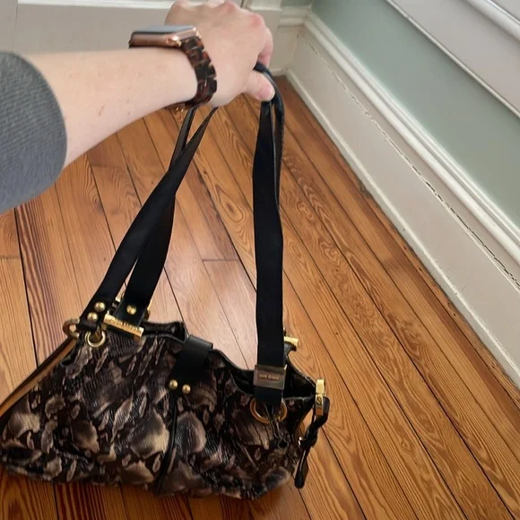 Faux Black, Tan and Gray Python Shoulder Bag With Gold Accents - Picture 4 of 9